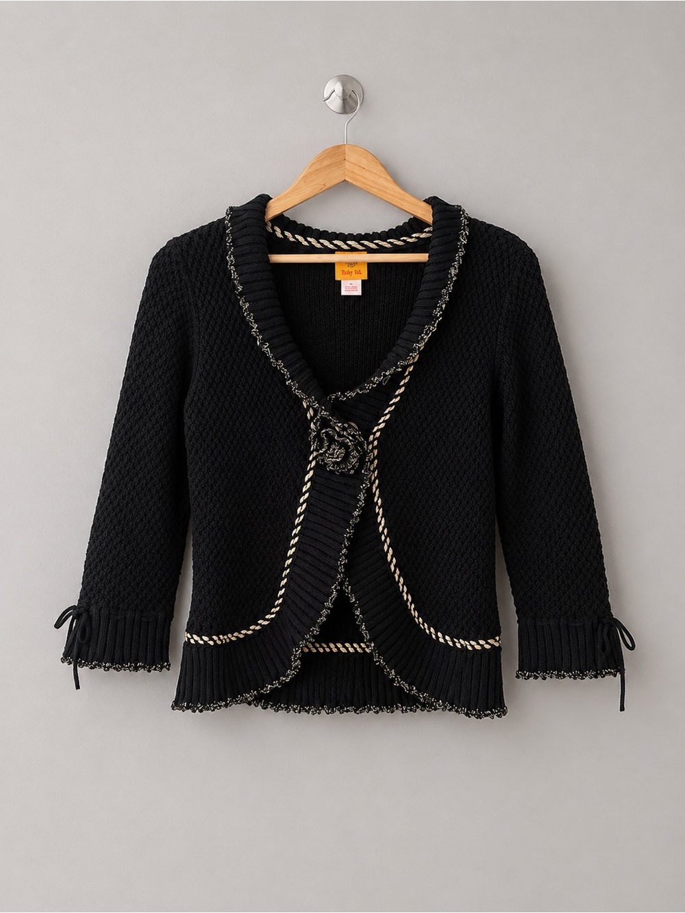 Ruby Rd Black Textured Knit Cardigan Sweater M Metallic Trim Rosette Closure
